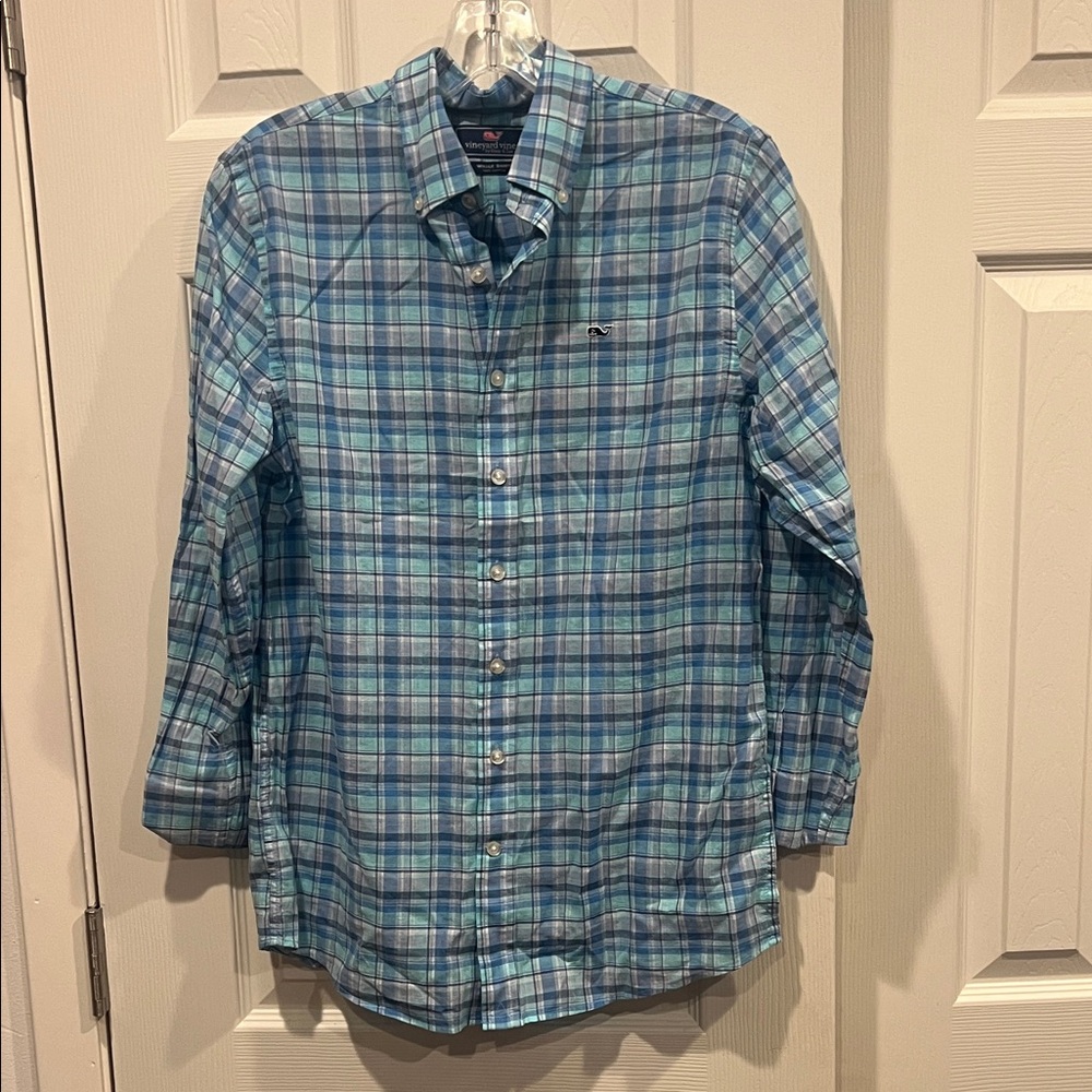 NWT-Vineyard Vines Men's Blue and Green Plaid Shirt